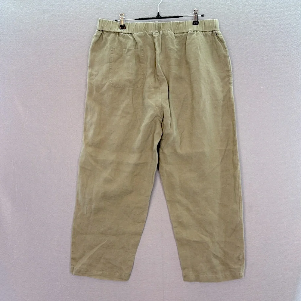 Quince women’s olive green 100% European linen wide leg cropped pull -on pants L